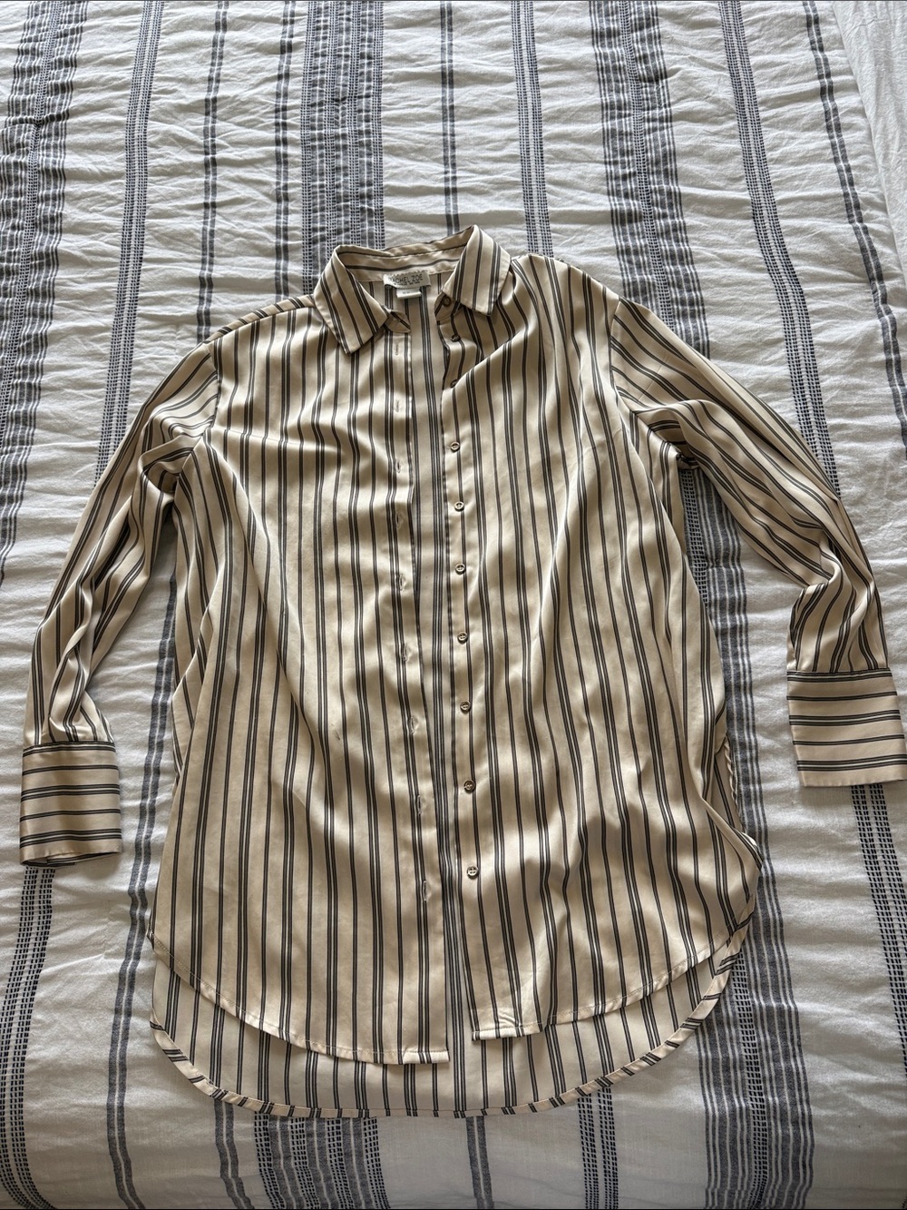 Satin Rachel Zoe Beige and Black Striped Button-Up Shirt